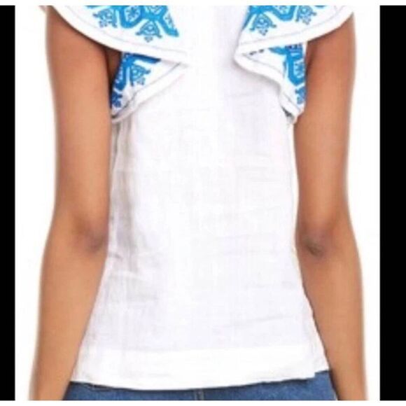 J. Crew Women's White Linen w Blue Embroidery Ruffle Sleeves Top - Picture 2 of 13